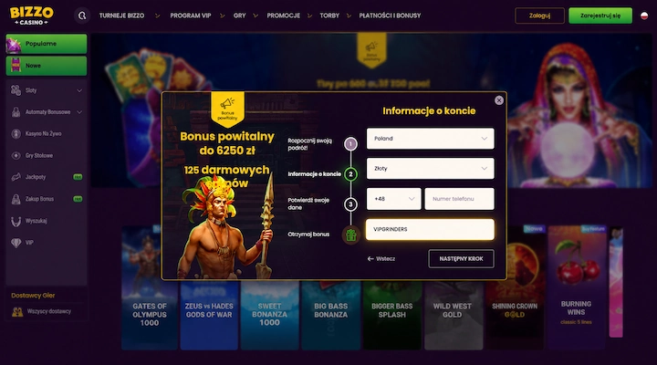 Bizzo Casino rejestracja kod promocyjny VIPGRINDERS Krok rejestracji Informacje o koncie w Bizzo Casino z osobnymi listami kraju i waluty ustawionymi na Poland i Zloty, prefiksem +48, polem na numer telefonu i kodem VIPGRINDERS w polu na kod promocyjny, obok panelu z bonusem powitalnym do 6250 zł