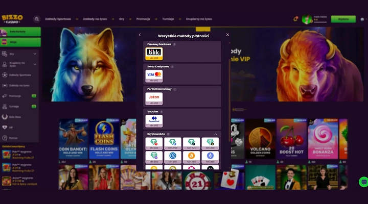 Bizzo Casino wszystkie metody płatności Panel Wszystkie metody płatności w Bizzo Casino z sekcjami Przelewy bankowe, Karta Kredytowa, Portfel Internetowy, Voucher i Kryptowaluta z siedemnastoma kafelkami, z minimami od 25 zł do 230 zł