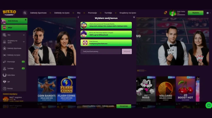 Bizzo Casino Wybierz swój bonus progi pierwszej wpłaty Panel Wybierz swój bonus w Bizzo Casino z progami bonusu do pierwszej wpłaty 125 zł równa się 50 procent, 500 zł równa się 75 procent, 1249 zł równa się 100 procent i 5000 zł równa się 125 procent, pod nim bonus krypto do pierwszej wpłaty i opcja kontynuowania bez bonusu