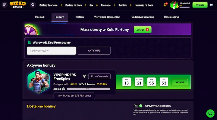 Bizzo Casino zablokowana wygrana 55 zł Karta bonusowa VIPGRINDERS FreeSpins w Bizzo Casino z Dostępnym saldem 0 PLN, pozycją Zablokowane 55.35 PLN, wskaźnikiem zakładu na 0 procentach, adnotacją 110.4 PLN to get 2.76 PLN bonus i odliczaniem 13 dni 21 godzin