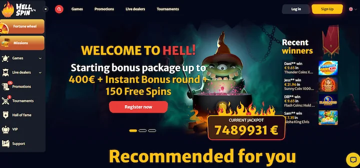 HellSpin casino domača stran s pozdravnim bonusom do 400€ in progresivnim jackpotom 7.489.931€