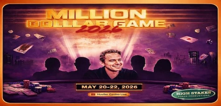 Promo graphic for Hustler Casino Live Million Dollar Game 2026, featuring Alan Keating smiling in the center at the poker table, surrounded by dark player silhouettes, dramatic orange-purple lighting with floating chips, cards, and cash, event dates May 20-22, 2026, Hustler Casino Live and High Stakes Poker Productions branding.