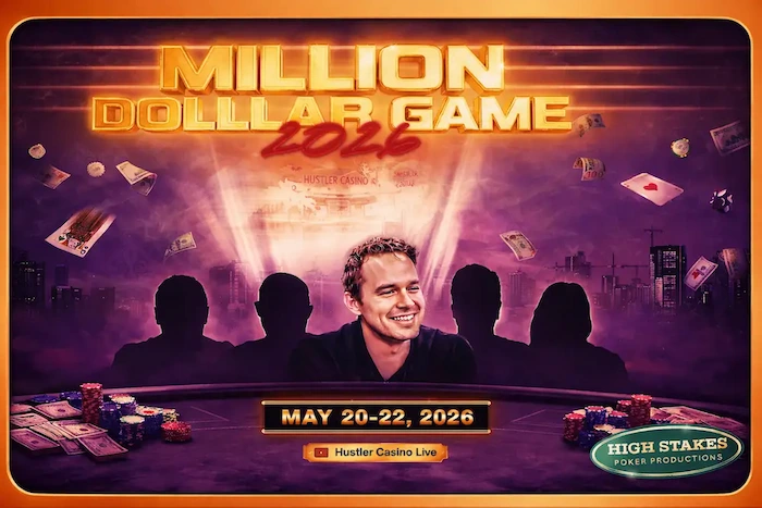 Promo graphic for Hustler Casino Live Million Dollar Game 2026, featuring Alan Keating smiling in the center at the poker table, surrounded by dark player silhouettes, dramatic orange-purple lighting with floating chips, cards, and cash, event dates May 20-22, 2026, Hustler Casino Live and High Stakes Poker Productions branding.