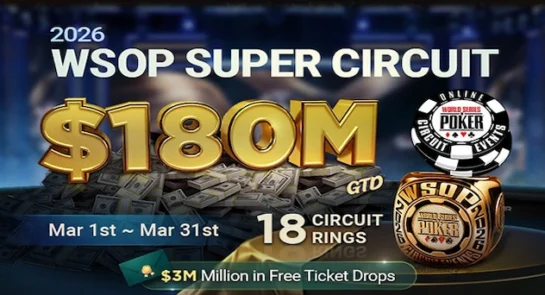2026 WSOP Super Circuit Online promo graphic featuring $180 million GTD prize pool in gold text, stacks of cash, WSOP ring, and poker chip icons, with event dates March 1st-31st, 18 rings, and $3M in free ticket drops highlighted on a dark casino-themed background.