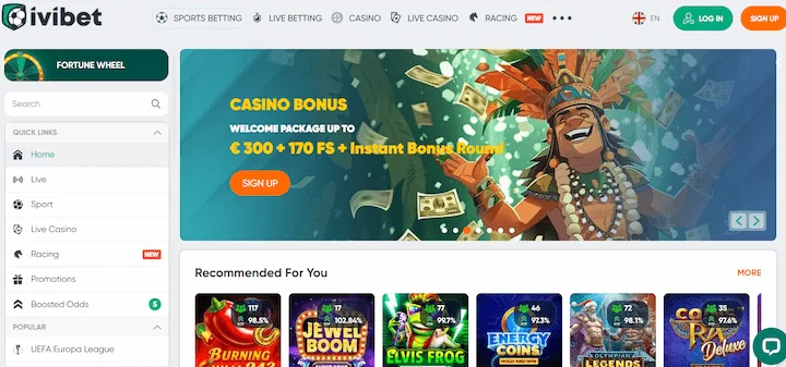 Ivibet casino domača stran s pozdravnim paketom do €300 + 170 FS in priporočenimi igrami z RTP prikazom