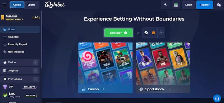 Rainbet kripto casino domača stran s kategorijama Casino in Sportsbook ter $25K dnevno dirko
