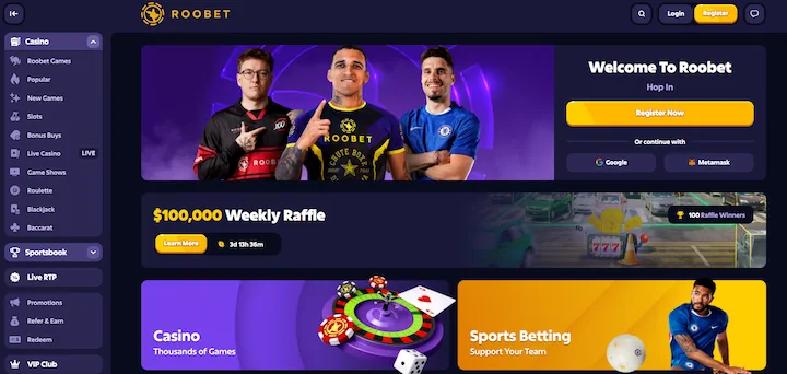 Roobet kripto casino domača stran s $100.000 tedensko tombolo in registracijo prek Google ali Metamask
