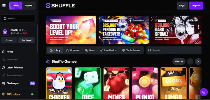 Shuffle kripto casino lobi s Shuffle Originals igrami in $SHFL token prikazom