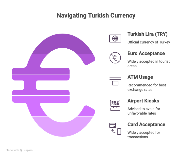 Graphic showing currency and exchange rate advice for poker players visiting North Cyprus
