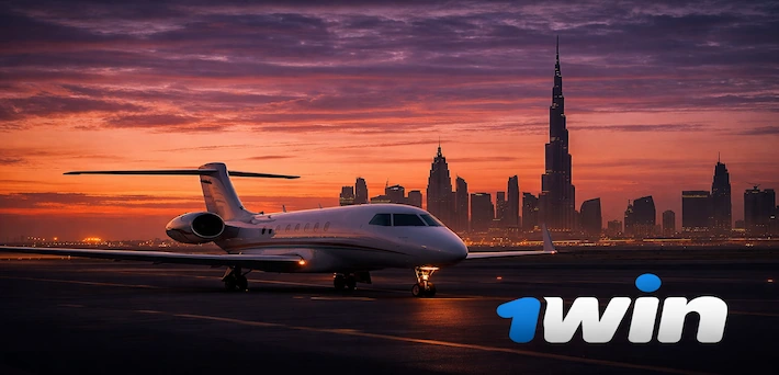 Private jet on a runway with the Dubai skyline in the background representing 1win VIP charter flights during the 2026 UAE aviation crisis