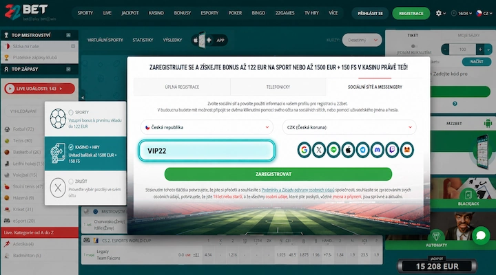 22Bet promo kód přes sociální sítě 22Bet záložka Sociální sítě a messengery s kódem VIP22 v políčku promo kód vedle tlačítek pro přihlášení přes sociální sítě