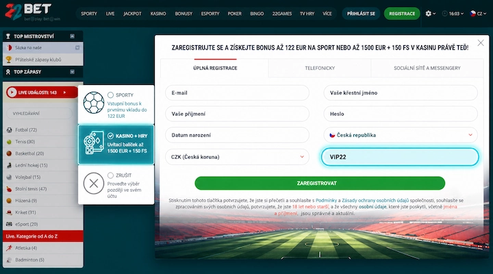 22Bet registrační formulář s promo kódem VIP22 22Bet úplná registrace s poli e-mail, jméno, příjmení, datum narození, Česká republika a měnou, s kódem VIP22 v políčku promo kód a volbami Sporty, Kasino + hry a Zrušit