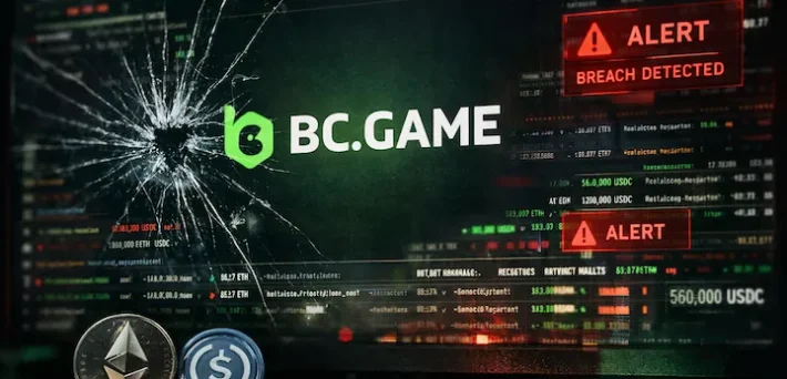 C.GAME logo on a cracked monitor screen with blockchain transaction data and red breach detected alerts after $4.3 million was stolen through a third party game exploit