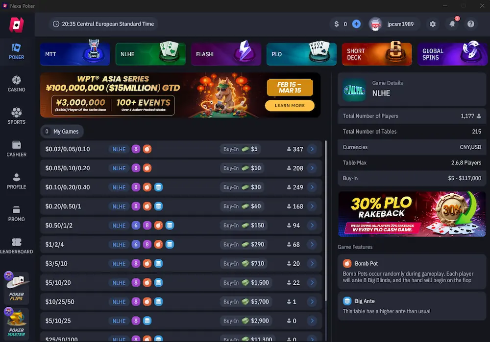 Nexa Poker Lobby (desktop)