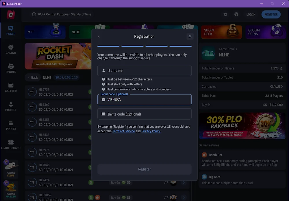 Nexa Poker Registration Form (bonus code field)