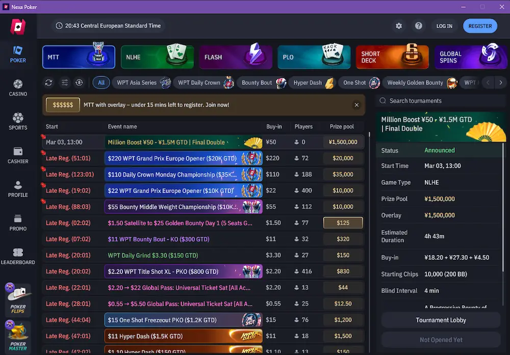 Nexa Poker Tournament Lobby