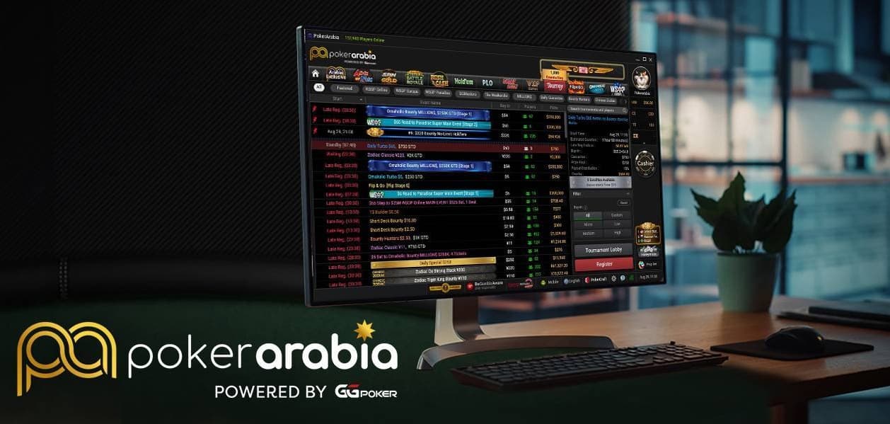PokerArabia online poker lobby powered by GGPoker displayed on desktop monitor with tournament schedule and gaming interface