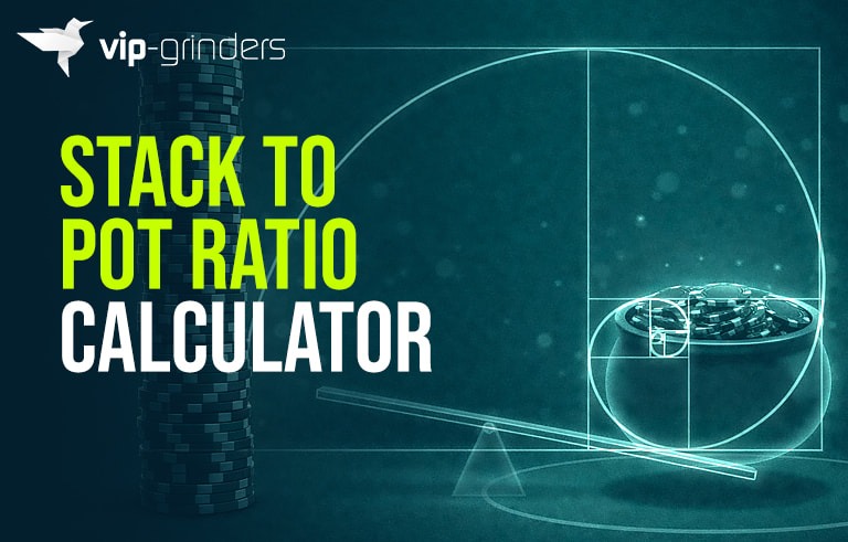 Stack-to-Pot-Ratio-Calculator Stack-to-pot ratio (SPR) poker calculator illustration with poker chip stacks and golden ratio diagram, representing bankroll depth and pot size strategy in poker decision making