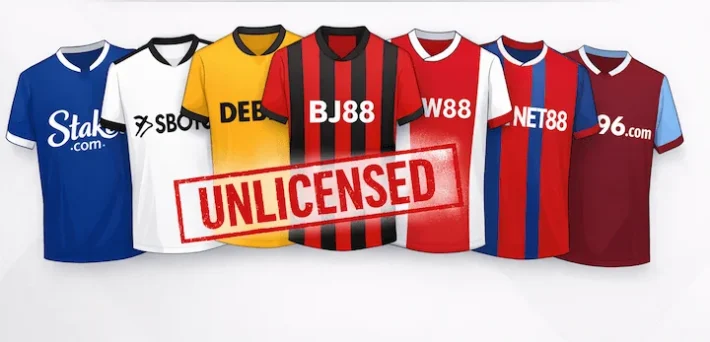 Seven Premier League football shirts displaying unlicensed gambling sponsors including Stake.com, SBOTOP, DEBET, BJ88, W88, NET88, and 96.com with an Unlicensed stamp overlay