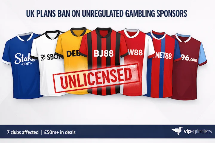 Seven Premier League football shirts displaying unlicensed gambling sponsors including Stake.com, SBOTOP, DEBET, BJ88, W88, NET88, and 96.com with an Unlicensed stamp overlay