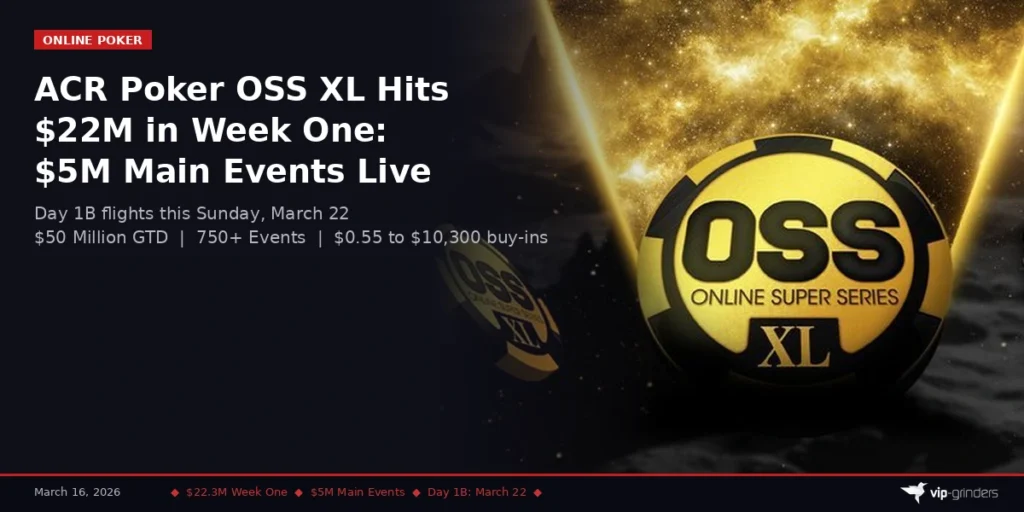 ACR Poker Online Super Series XL promotional graphic featuring the OSS XL chip logo and gold effects, highlighting $22.3 million in first-week prize pools and $5 million in Main Event guarantees