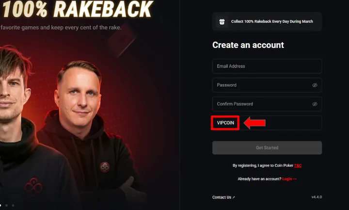 coinpoker registration process code VIPCOIN CoinPoker bonus code field showing VIPCOIN entered during the deposit process in the CoinPoker cashier