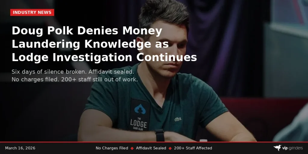 Doug Polk wearing a Lodge Card Club shirt at a poker table, representing his March 16 statement denying knowledge of money laundering during the ongoing TABC and IRS investigation