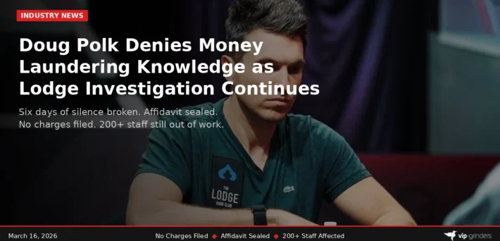 Doug Polk wearing a Lodge Card Club shirt at a poker table, representing his March 16 statement denying knowledge of money laundering during the ongoing TABC and IRS investigation