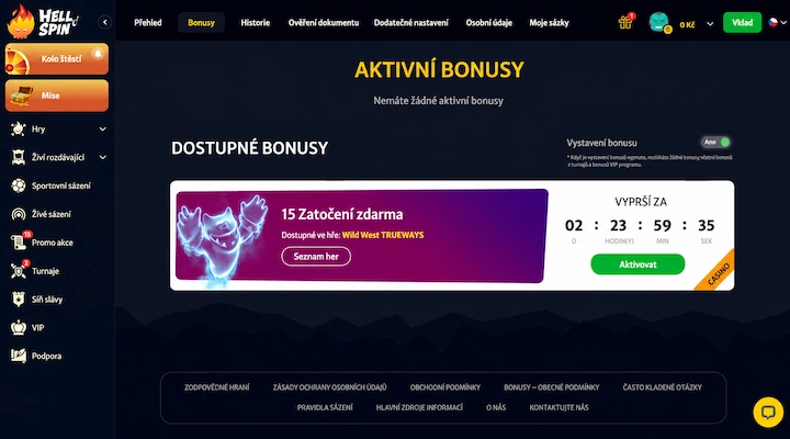 Sekce Dostupné bonusy v HellSpin s kartou 15 Zatočení zdarma ve hře Wild West TRUEWAYS, odpočtem 2 dny 23 hodin a zeleným tlačítkem Aktivovat