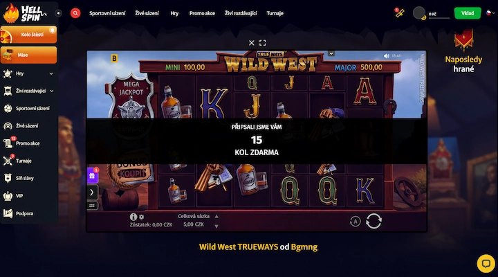 Slot Wild West TRUEWAYS v HellSpin s hláškou Připsali jsme vám 15 kol zdarma a zůstatkem 0,00 CZK po registraci s promo kódem VIPGRINDERS