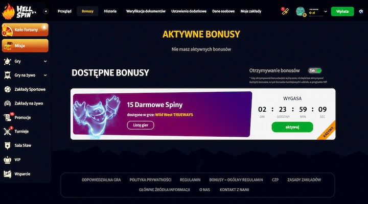 HellSpin licznik darmowych spinów przed aktywacją Zakładka Bonusy w HellSpin z kartą 15 Darmowe Spiny na Wild West TRUEWAYS, licznikiem 2 dni 23 godziny i zielonym przyciskiem aktywuj