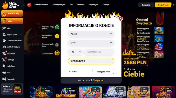 Formularz rejestracji HellSpin z kodem VIPGRINDERS Krok Informacje o koncie w rejestracji HellSpin z ustawionym krajem Poland, walutą Złoty i kodem VIPGRINDERS w polu poniżej numeru telefonu
