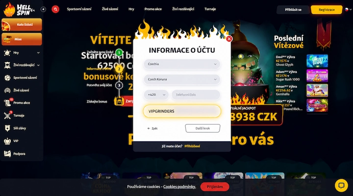 Informace o účtu v registraci HellSpin s nastavenou zemí Czechia, měnou Czech Koruna, předvolbou +420 a kódem VIPGRINDERS v poli pod telefonním číslem