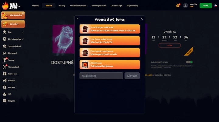 Panel Vyberte si svůj bonus v HellSpin se třemi nabídkami, volbou Pokračovat bez bonusu a polem Váš bonus kód