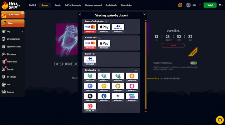 Panel Všechny způsoby placení v HellSpin s kartami, Apple Pay, PaysafeCard a sekcí třinácti kryptoměn, každá dlaždice s vlastním minimálním vkladem v korunách