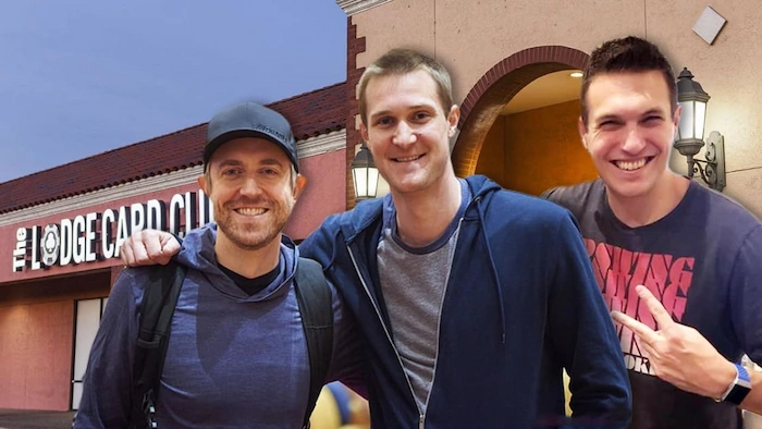 Doug Polk, Brad Owen, and Andrew Neeme outside the Lodge Card Club in Round Rock, Texas