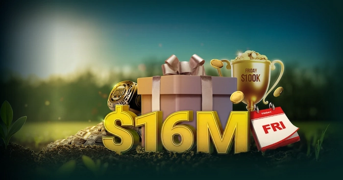 Promotional graphic for GGpoker's $16M monthly giveaway, featuring a golden $16M text centerpiece, a large gift box, a Friday $100K trophy overflowing with coins, cash stacks, poker chips, and a red "FRI" calendar tag, set against a dreamy teal-green gradient background with soft glowing lights.