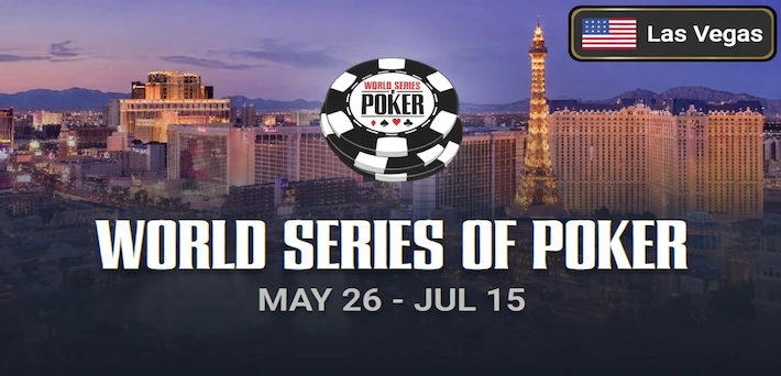 Promotional graphic for the 2026 World Series of Poker (WSOP) in Las Vegas, featuring a sunset skyline view of the Las Vegas Strip with iconic hotels and the Eiffel Tower replica, overlaid with the WSOP poker chip logo, 