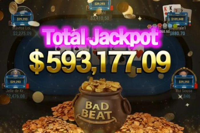 Bad Beat Jackpot promotional graphic featuring a treasure pot overflowing with gold coins, scattered playing cards showing a bad beat hand (e.g., 2♠ 2♥ 2♦ 2♣ and higher cards), bold "BAD BEAT JACKPOT" banner in gold and green, coins raining down on a dark dramatic background