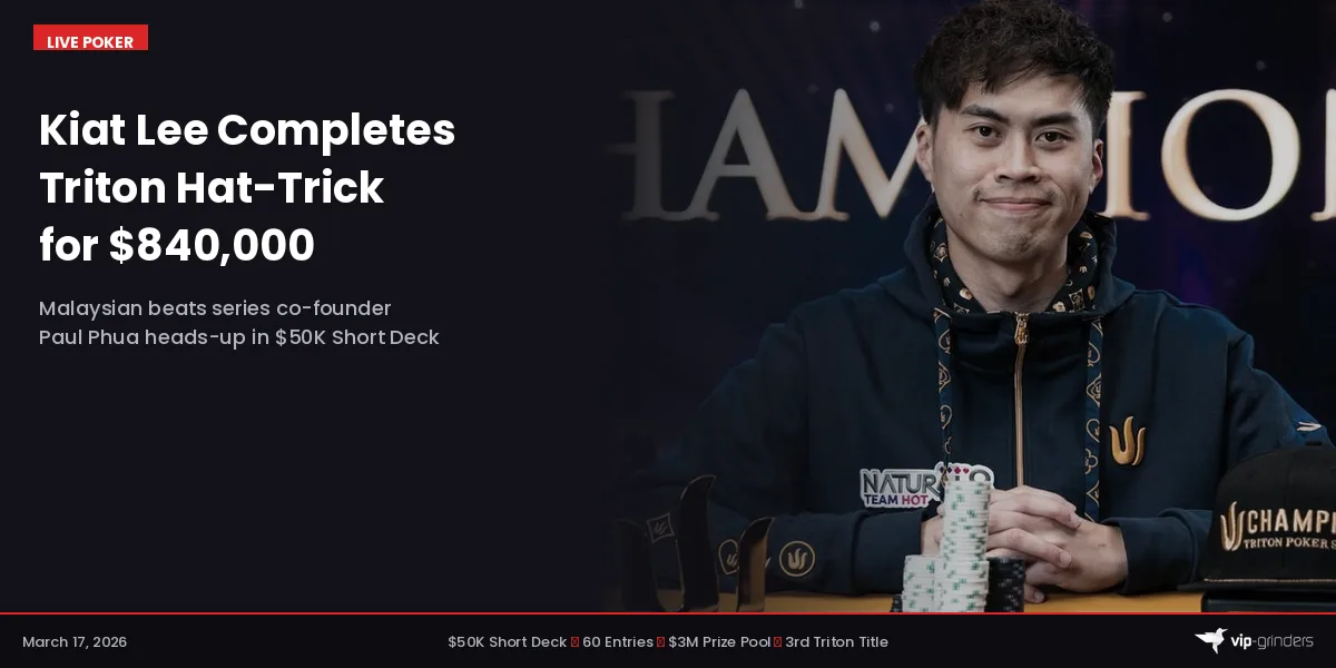 Kiat Lee holding the Triton Poker Series champion trophy after winning the $50K Short Deck PLPF at Triton SHRS Jeju 2026