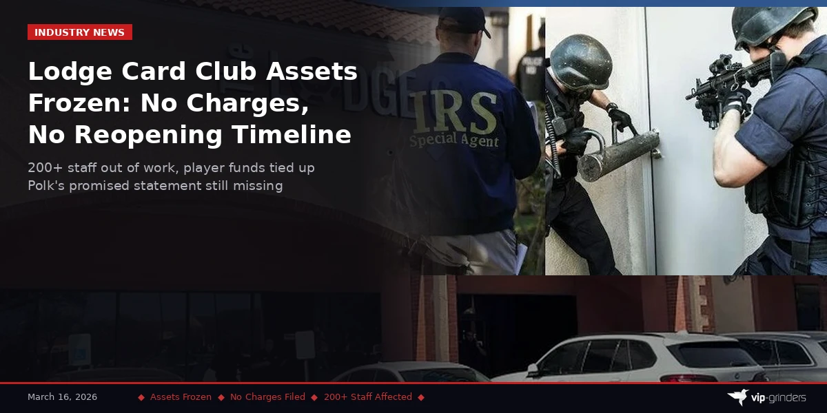 Lodge Card Club Assets Frozen: No Charges Filed, No Reopening Timeline Lodge Card Club exterior in Round Rock, Texas with IRS Special Agent figures overlaid, representing the TABC and IRS investigation that has frozen all club assets