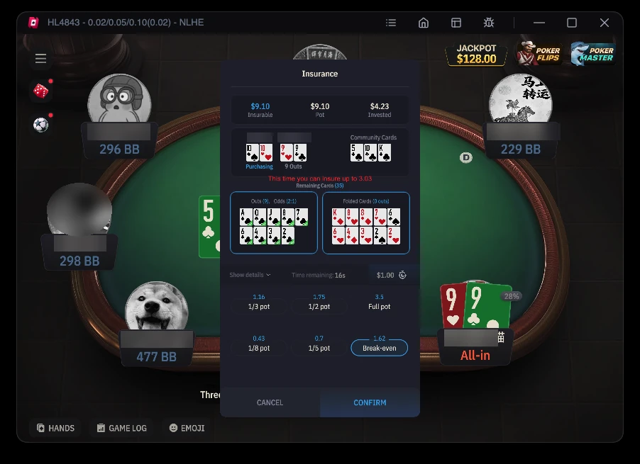Nexa Poker all in insurance window on a $9.10 pot with cover from 1/8 pot up to full pot or break even and 16 seconds to decide