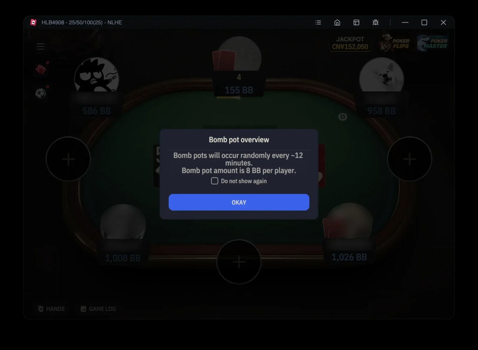 Bomb pot overview popup at a Nexa Poker yuan Hold'em table saying bomb pots occur about every 12 minutes at 8 big blinds per player