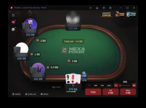 Nexa Poker Hold'em cash table at $0.02/$0.05/$0.10 with a third blind, antes, a $349 jackpot and the +10 extra time button