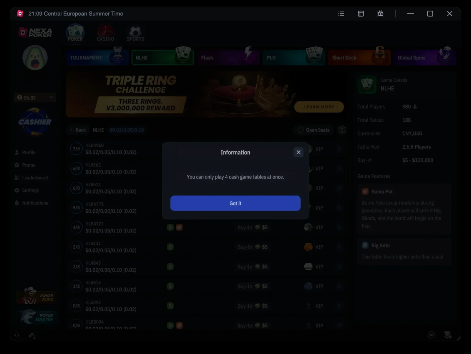 Nexa Poker Mac client message saying you can only play 4 cash game tables at once
