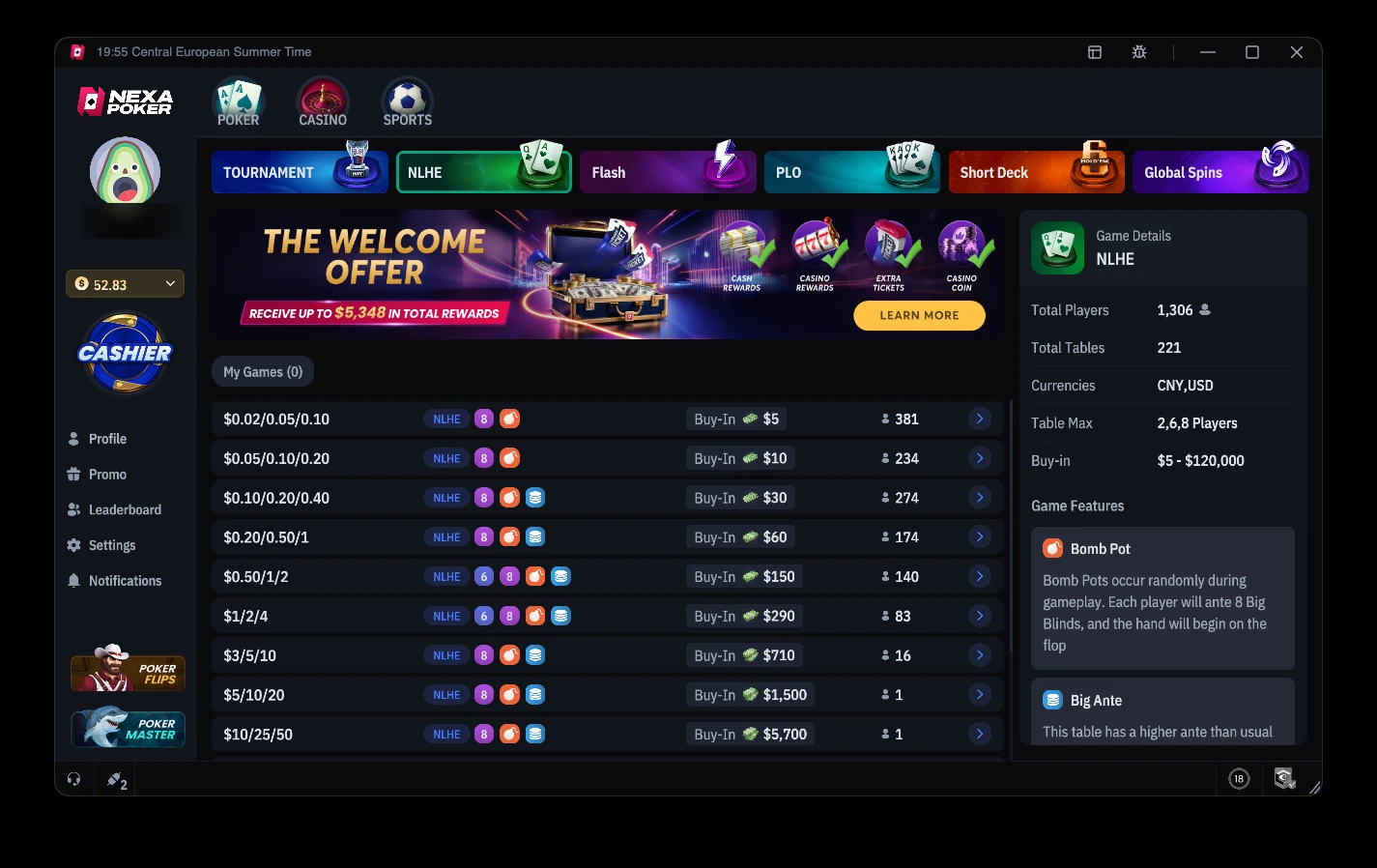 Nexa Poker Hold'em lobby with 1,306 players on 221 tables and 381 players at $0.02/$0.05/$0.10