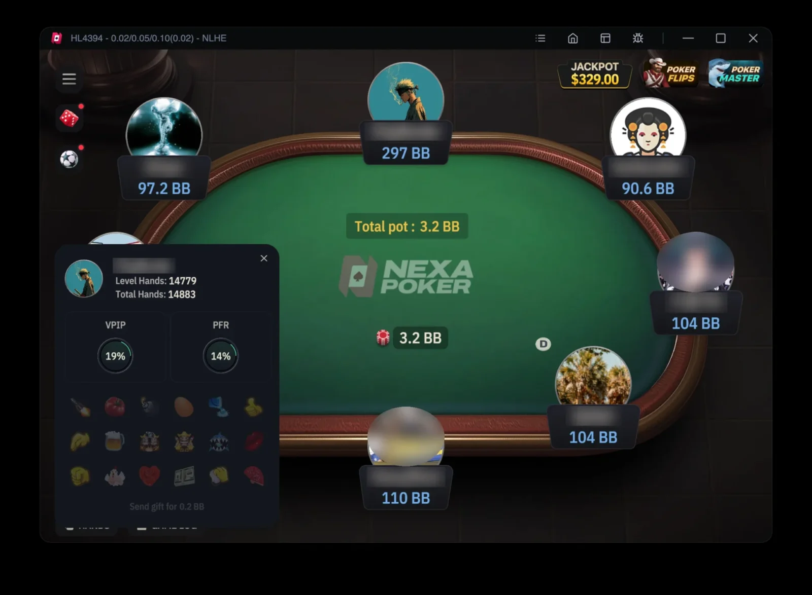 Nexa Poker stats panel on an opponent at a $0.02/$0.05/$0.10 table with 14,883 total hands, VPIP 19% and PFR 14%