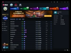 Nexa Poker PLO lobby listing PLO4 and PLO5 tables from $0.01/$0.02, with 70 players on 41 tables