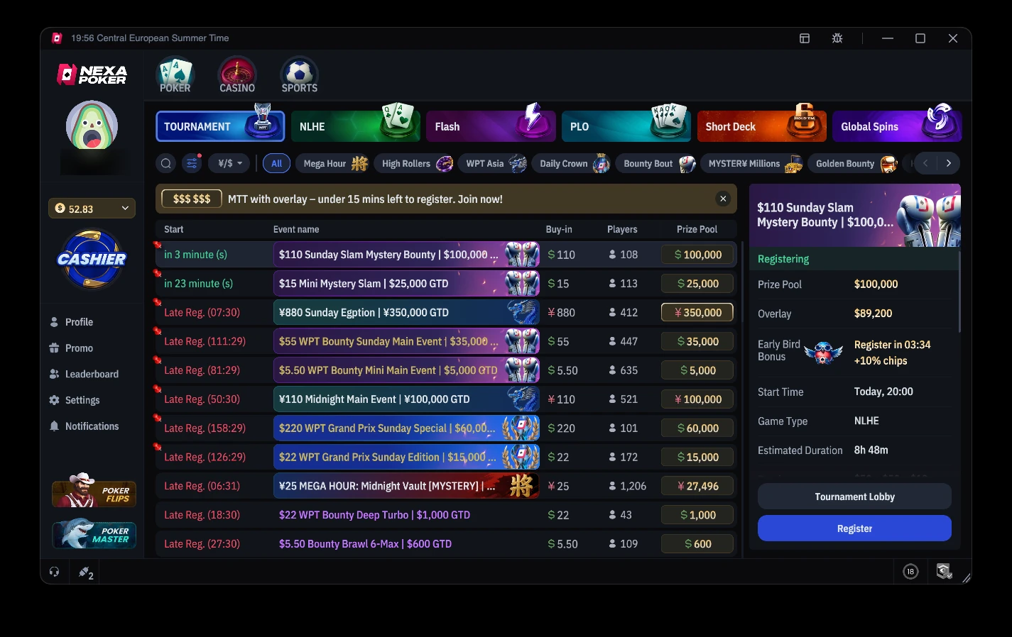 Nexa Poker tournament lobby with the $110 Sunday Slam Mystery Bounty, WPT Bounty and WPT Grand Prix events and yuan tournaments