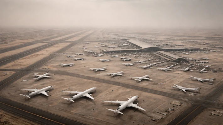Dozens of commercial aircraft grounded on the tarmac at a desert airport during the 2026 UAE airspace closure that cancelled over 23000 flights